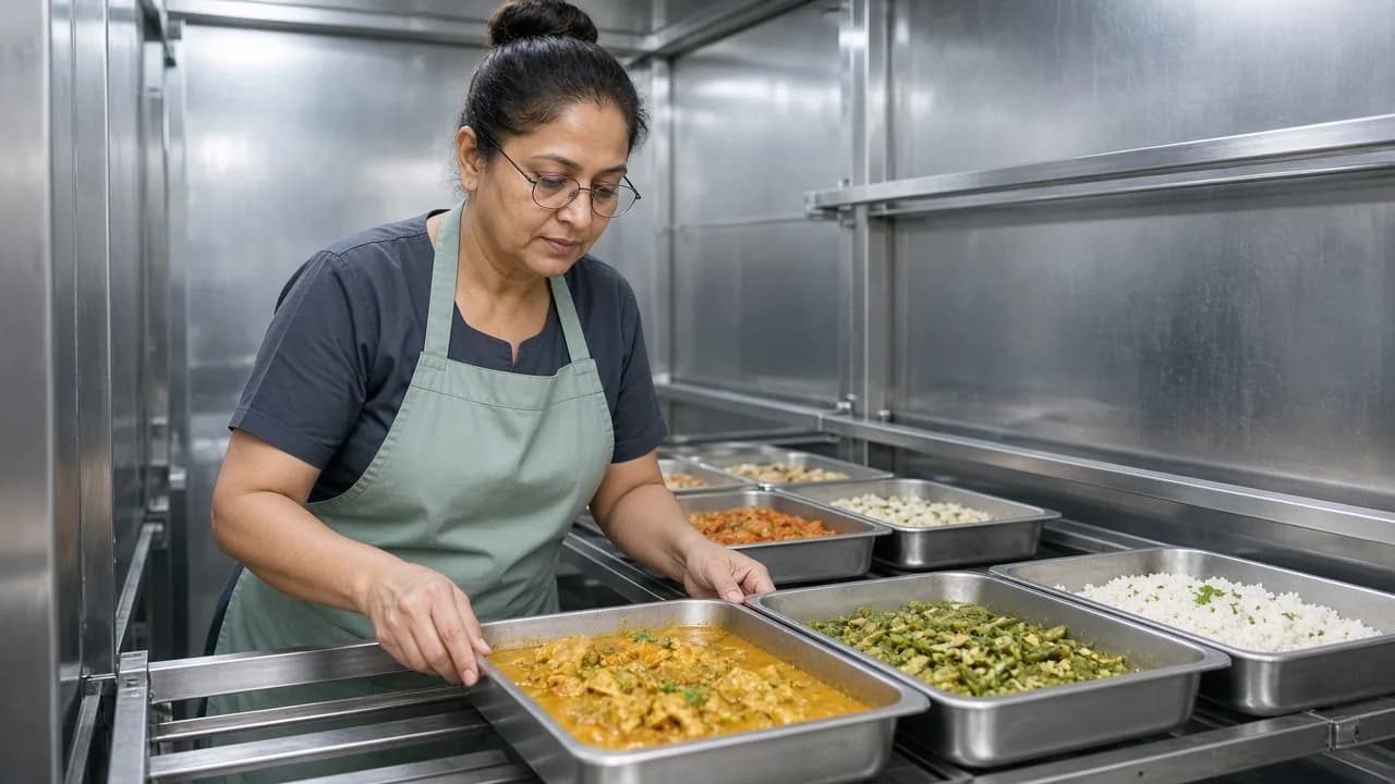 A worker checking trays inside an Indian blast chiller