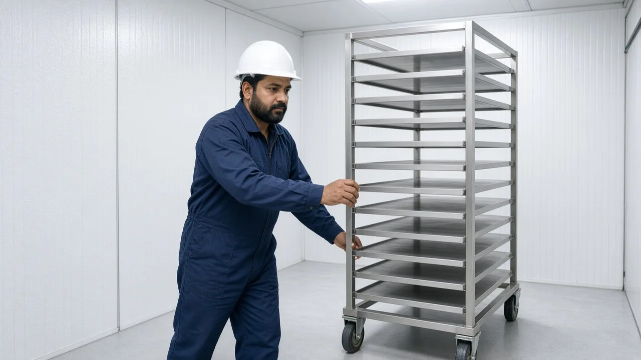 A worker moving racks inside an Indian blast freezer