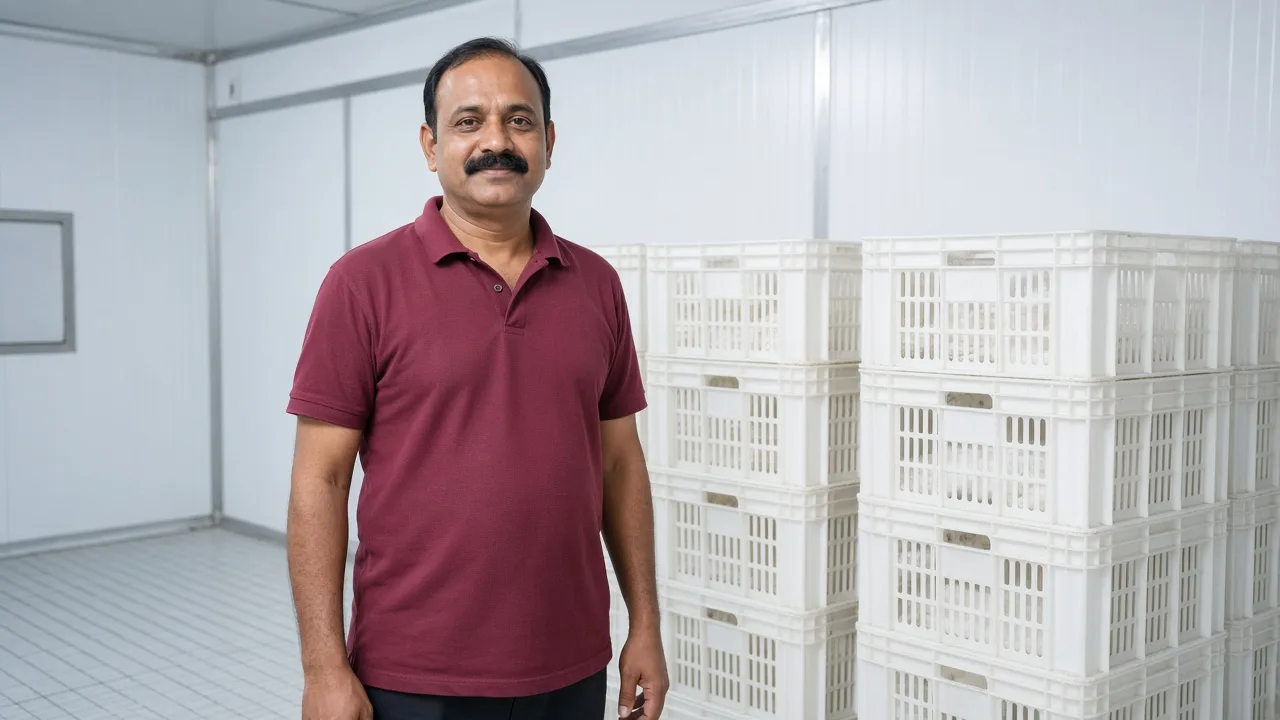 A worker beside dairy crates inside an Indian chiller room