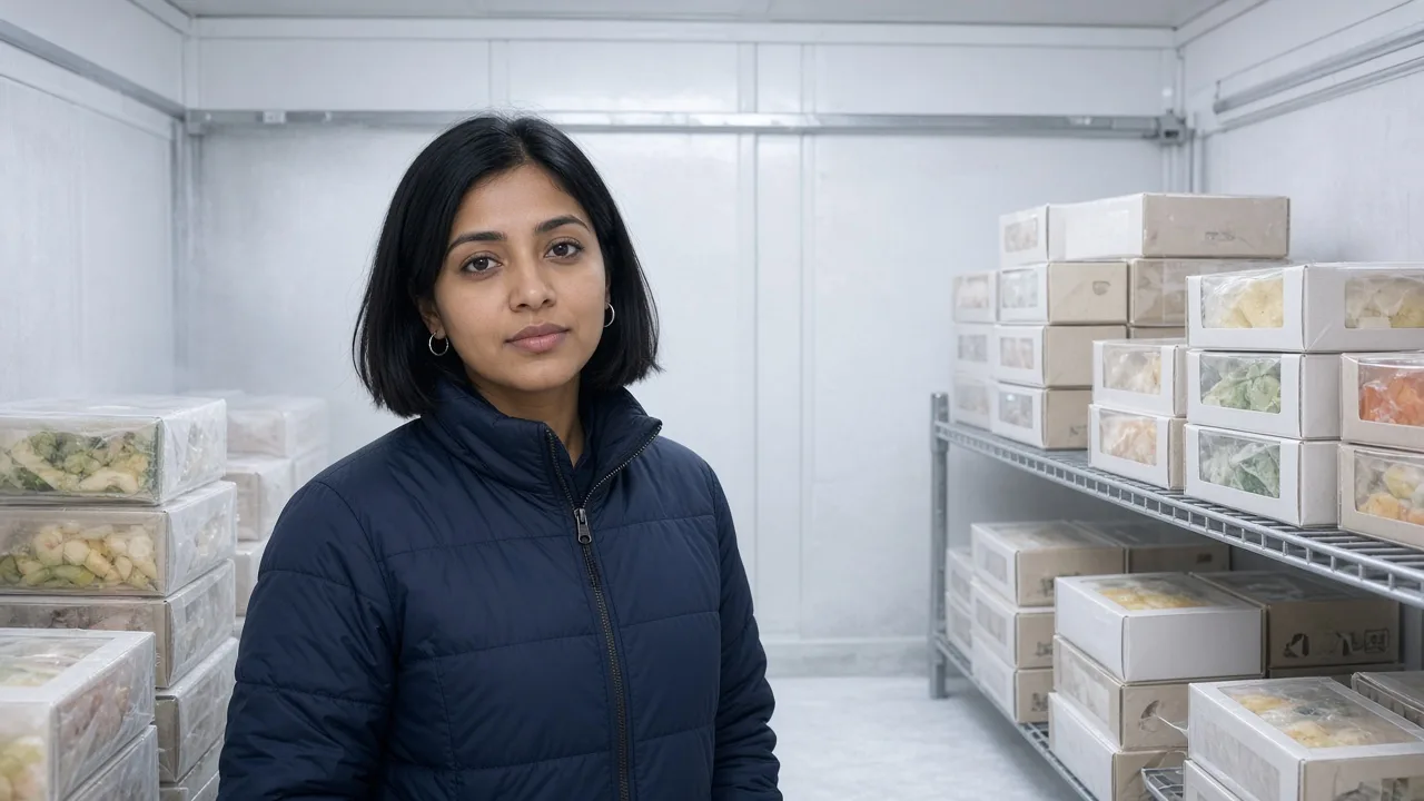 A worker inside an Indian freezer room
