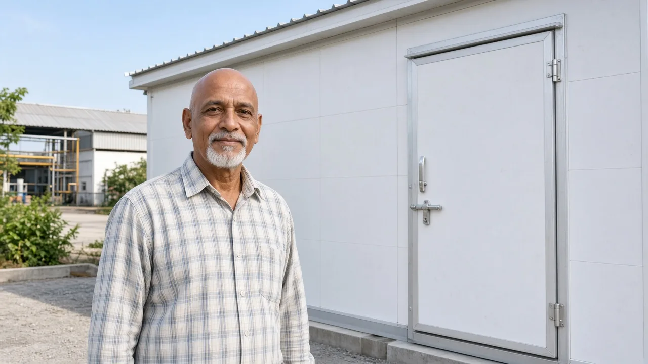 A worker beside a modular cold room in India