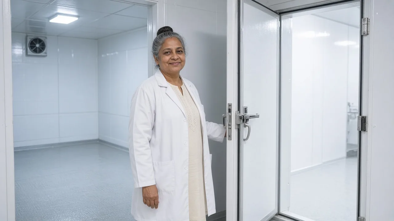 A supervisor at the door of a walk in cold room in India