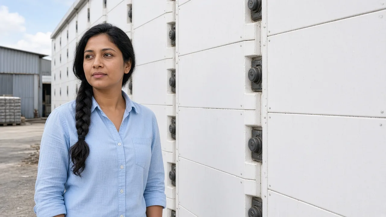 An Indian engineer beside insulated cold room panels in daylight