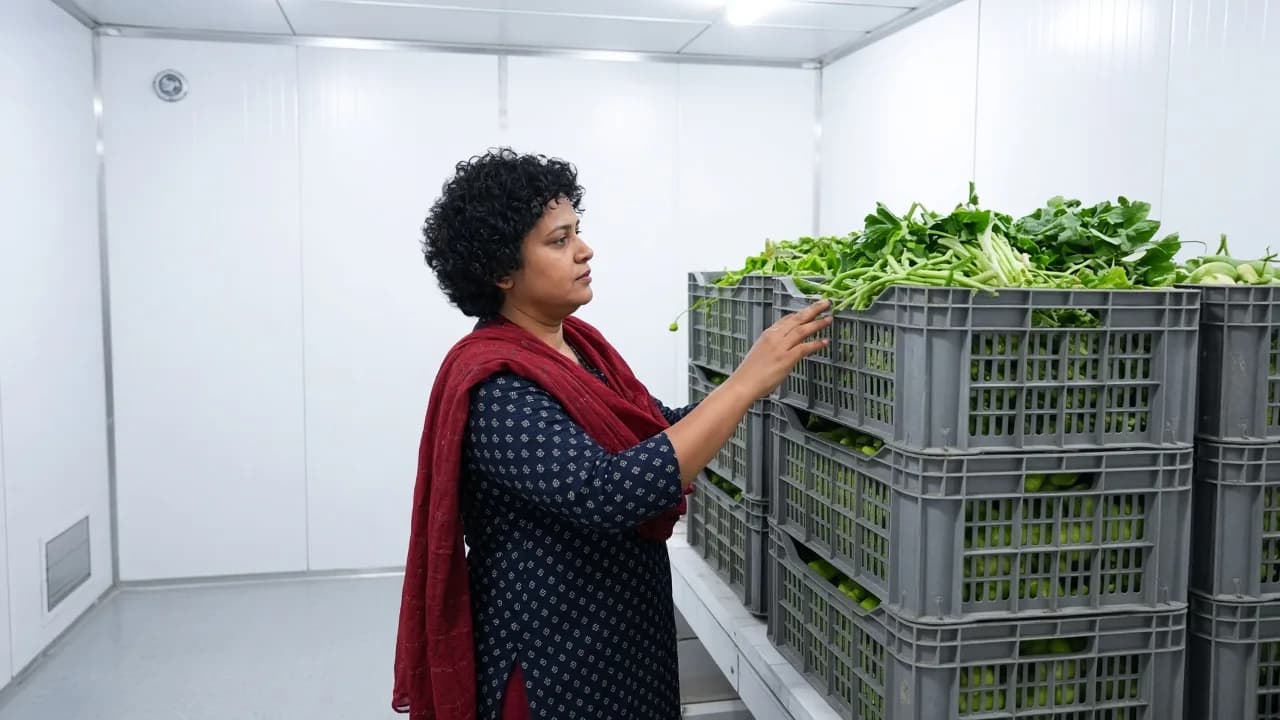 A worker checking product inside a brightly lit Indian cold room