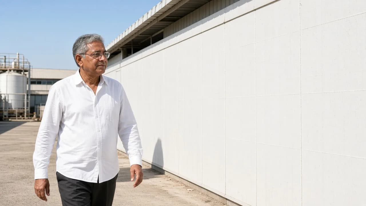 An engineer walking beside a cold room exterior in Indian sunlight