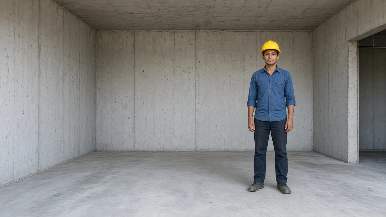 A worker on a prepared floor at an Indian cold room site