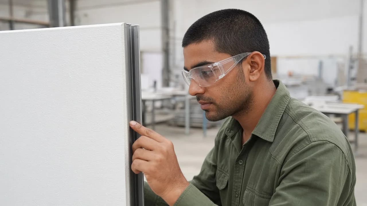 An Indian technician checking a joint on white insulated panels