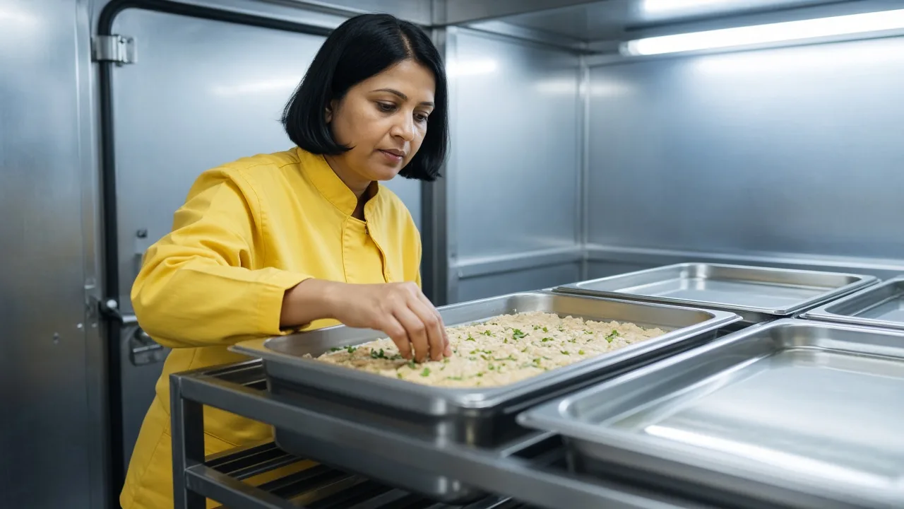 A worker checking trays inside an Indian blast chiller