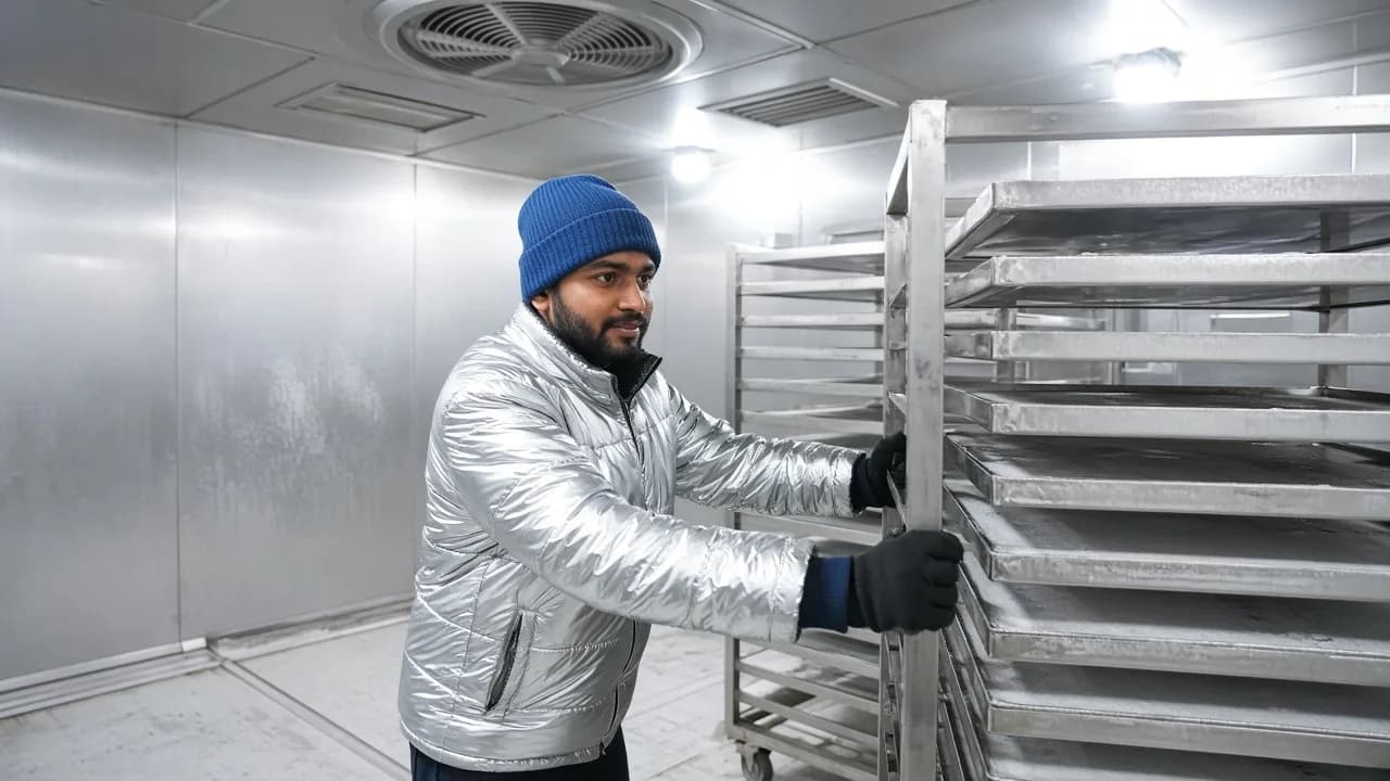 A worker moving racks inside an Indian blast freezer