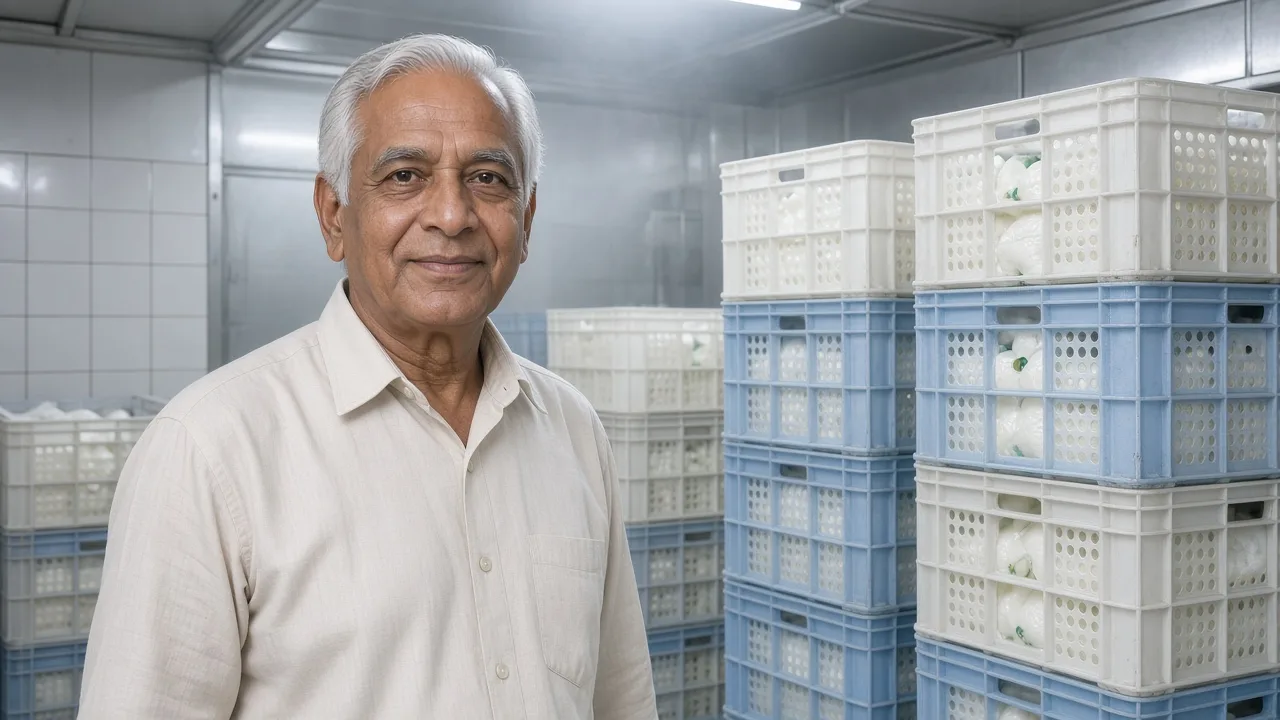 A worker beside milk crates inside an Indian chiller room