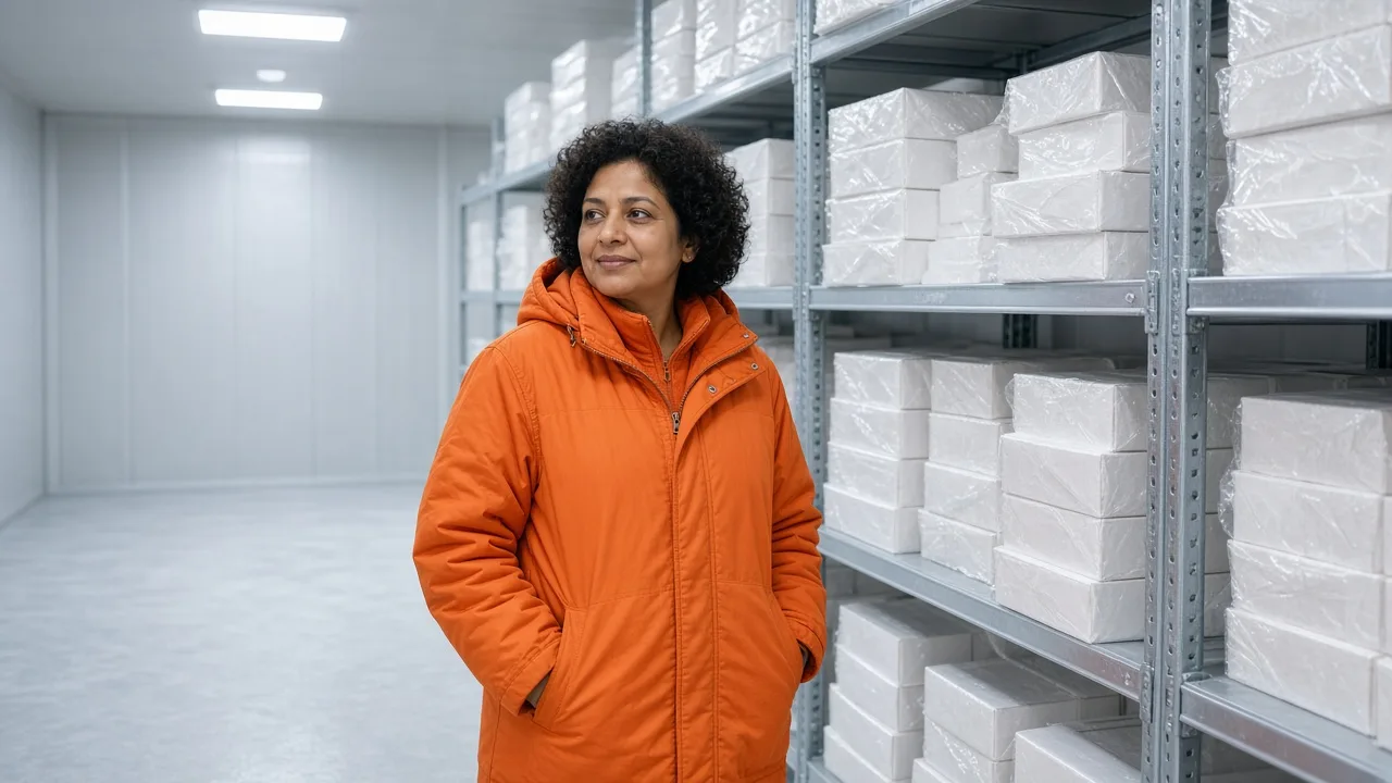 A worker inside an Indian freezer room