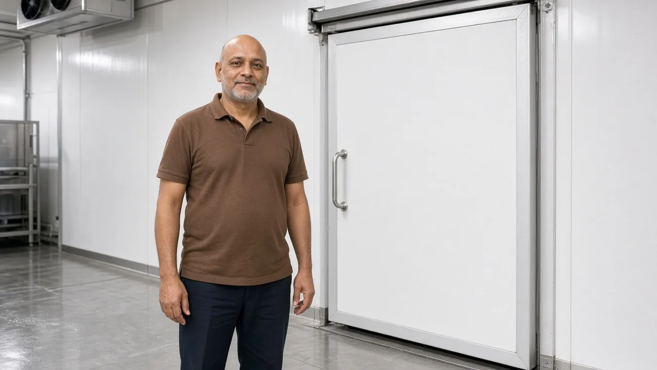 A worker beside a modular cold room in India