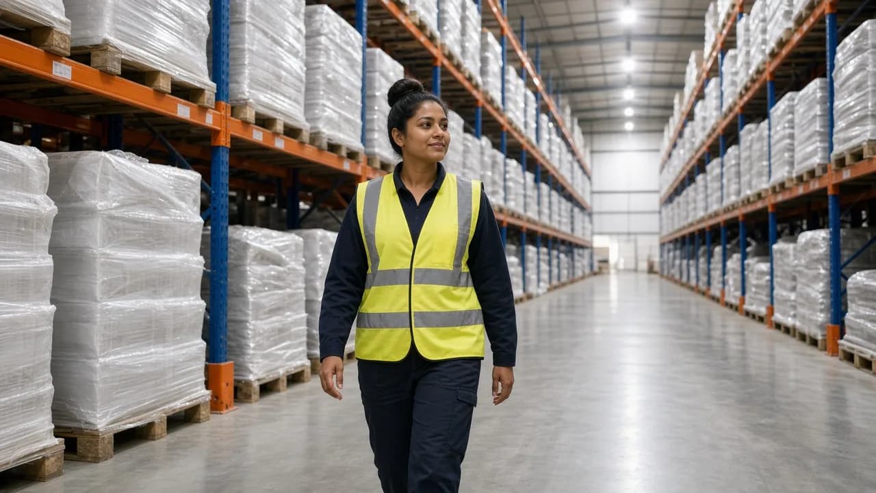 A worker in a large Indian cold storage aisle