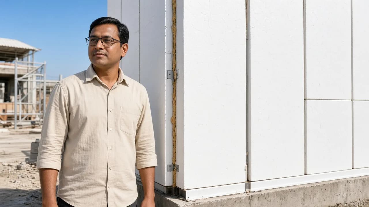 An Indian engineer beside insulated cold room panels in daylight