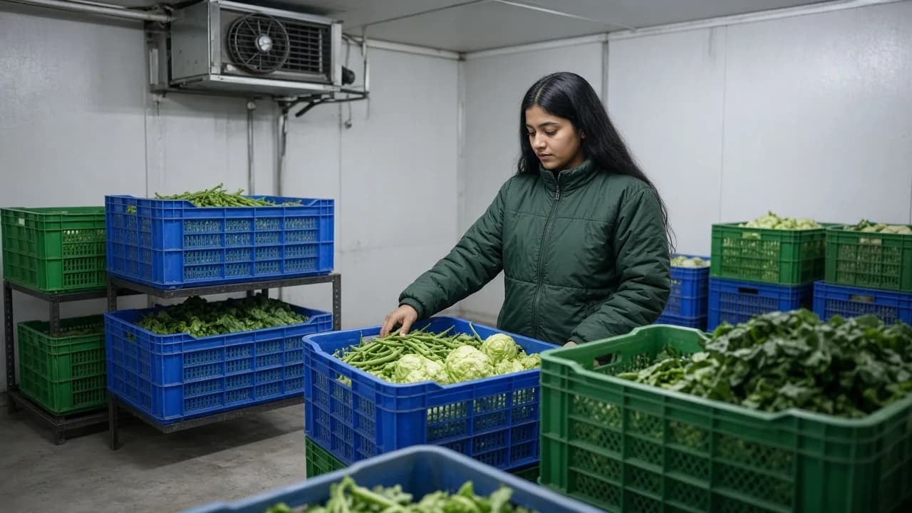 A worker checking product inside a brightly lit Indian cold room