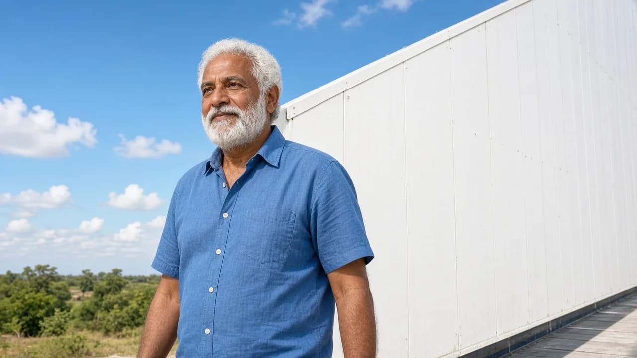 An engineer walking beside a cold room exterior in Indian sunlight
