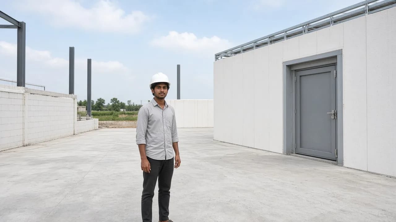 A worker on a prepared floor at an Indian cold room site