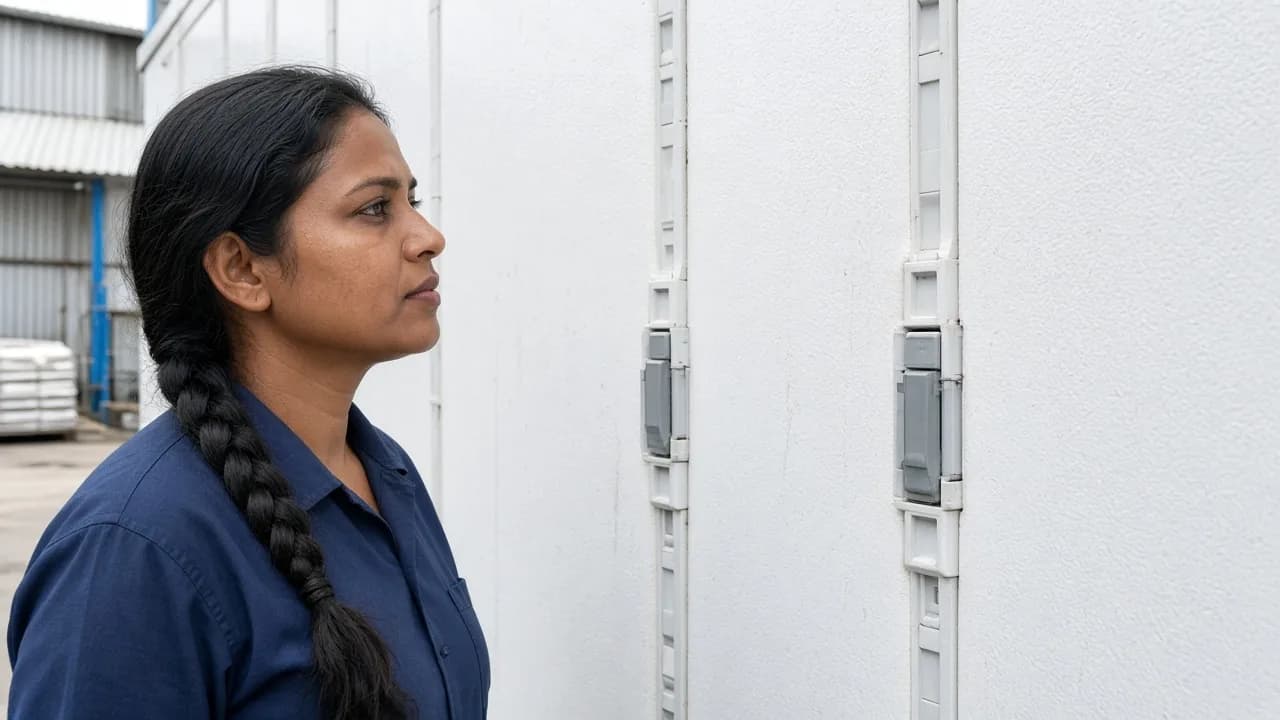 An Indian technician checking a joint on white insulated panels