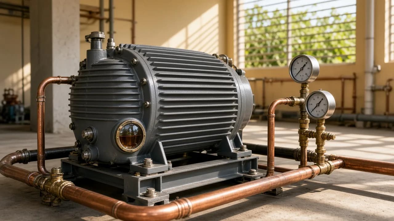 A refrigeration compressor with copper pipes in a bright plant room