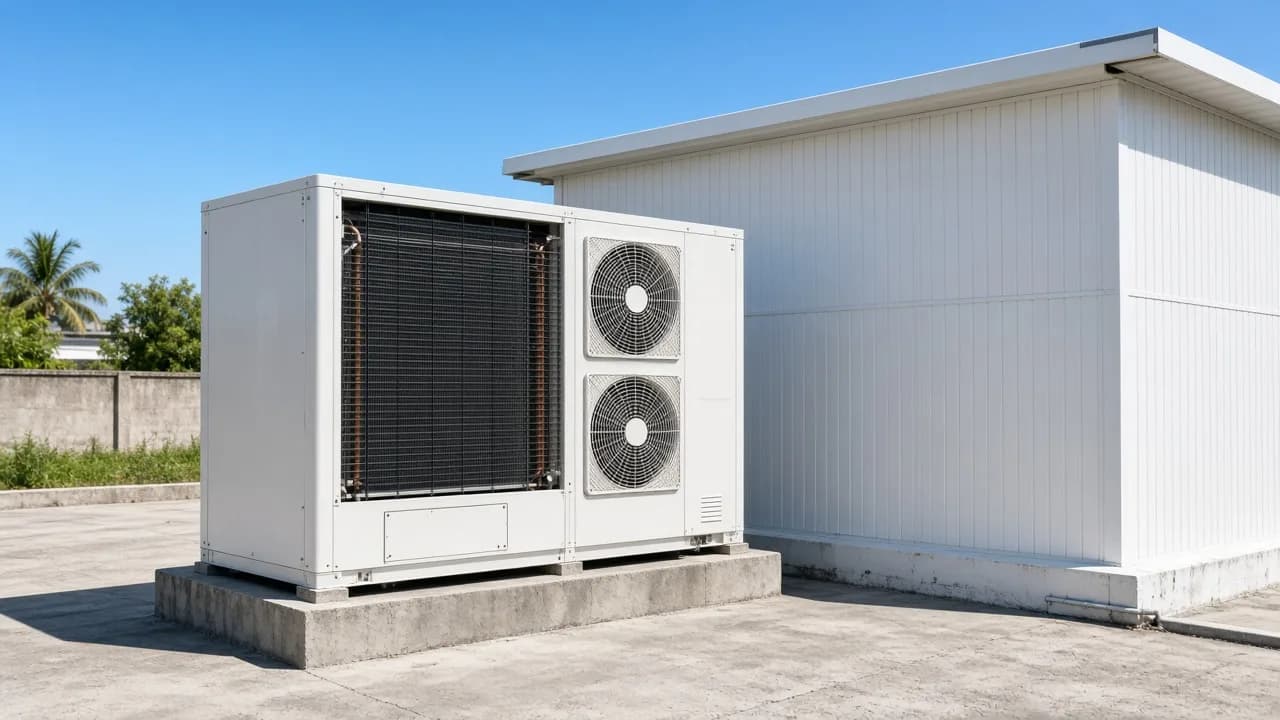 An outdoor air cooled condensing unit beside a cold room in daylight