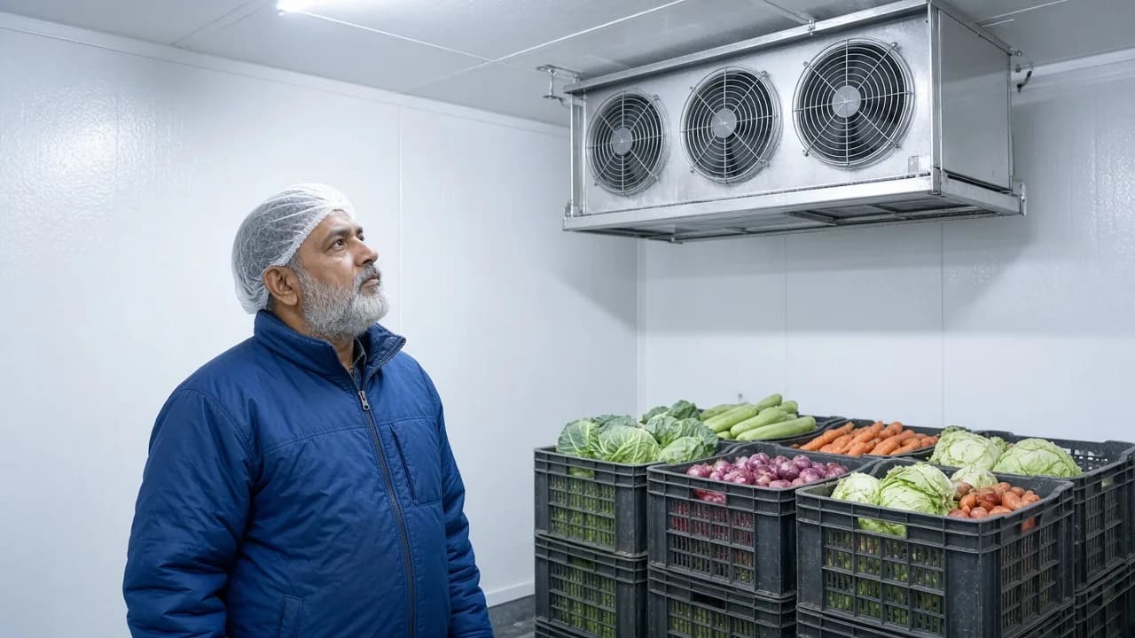 A worker looking at an evaporator above produce crates inside a cold room