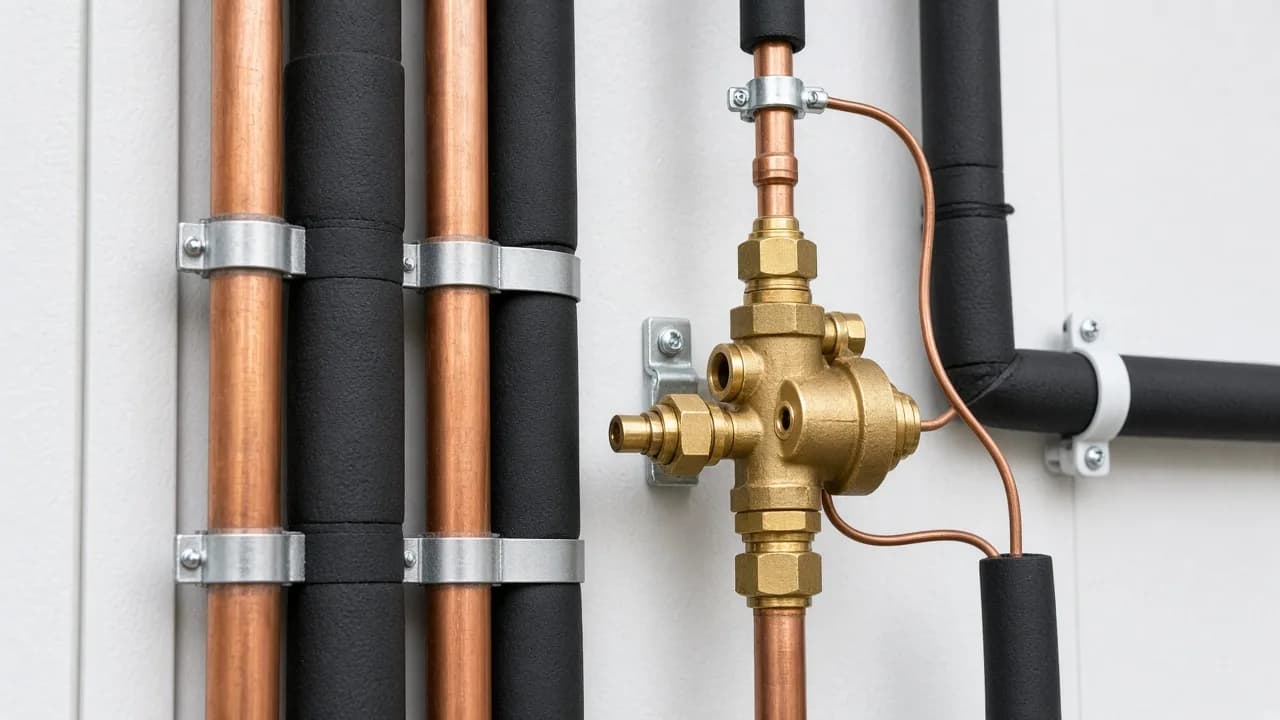 An expansion valve and copper refrigerant piping on a cold room panel