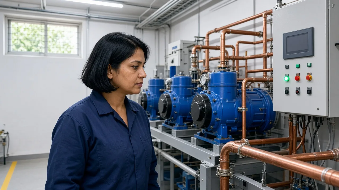 A refrigeration engineer beside compressors and piping in a bright Indian machinery room
