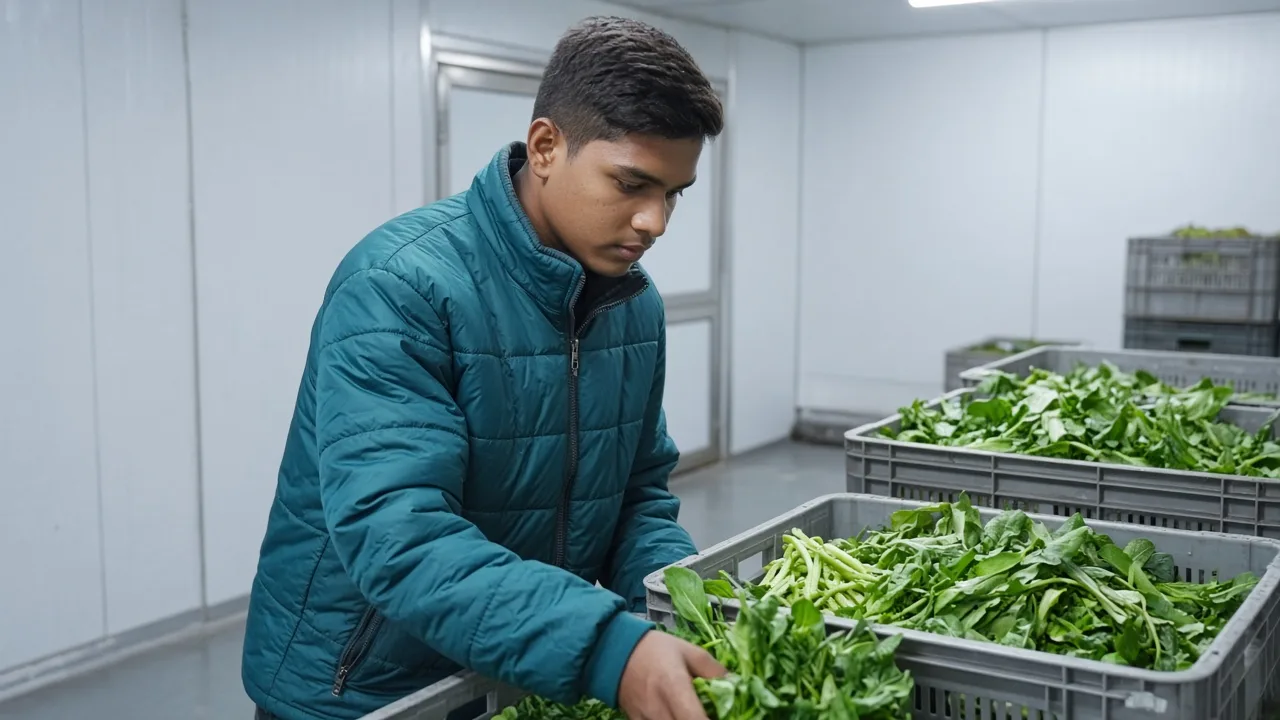 A worker checking product inside a brightly lit Indian cold room