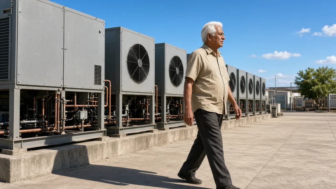 An engineer beside outdoor condensing units in bright Indian sunlight