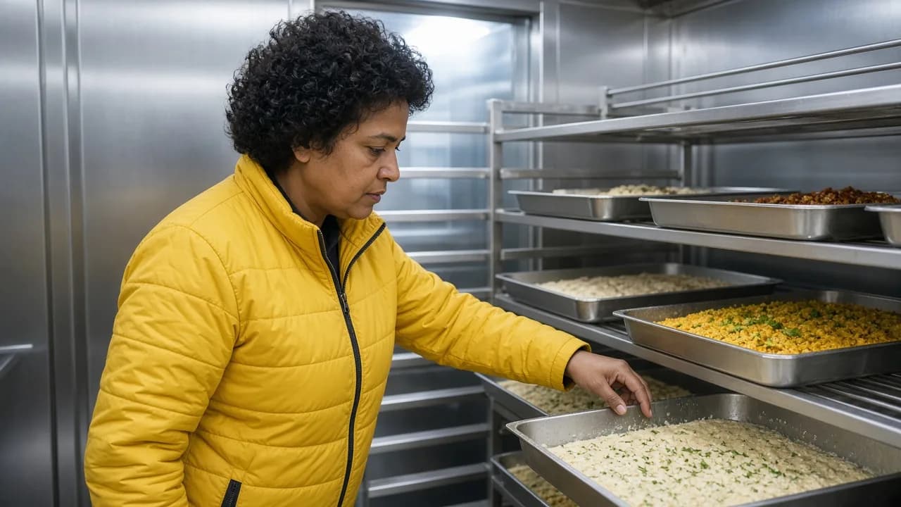 A worker checking food trays inside a blast chiller