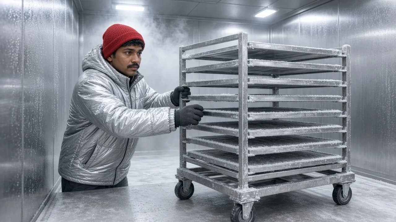 A worker moving tray racks inside a blast freezer