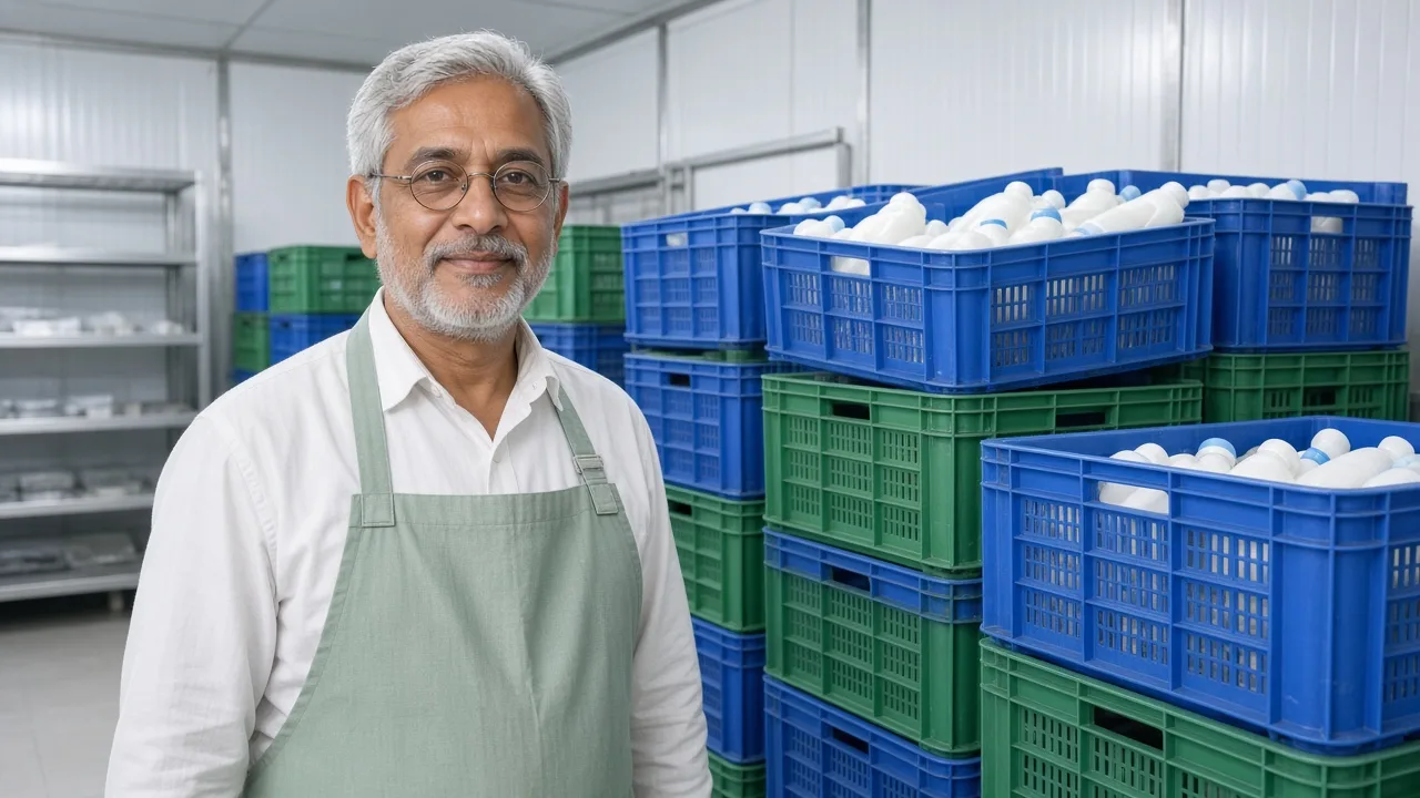A worker beside milk crates inside a bright chiller room