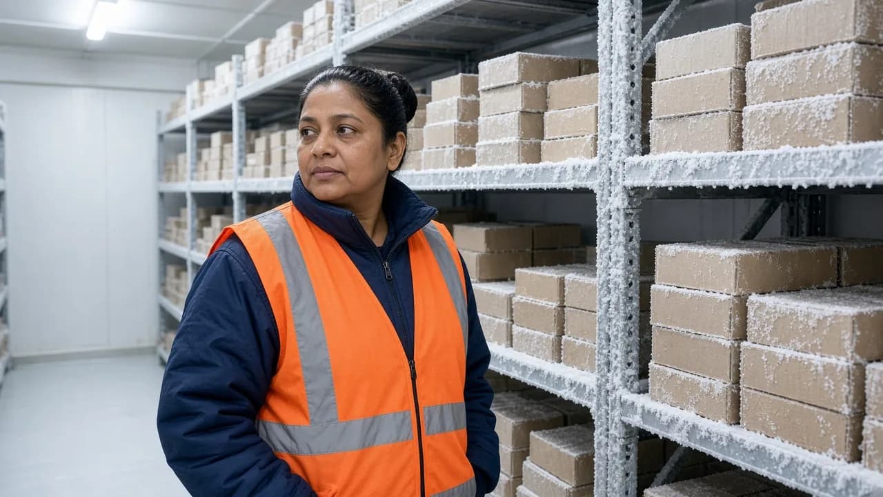 A worker beside boxed frozen food inside a freezer room