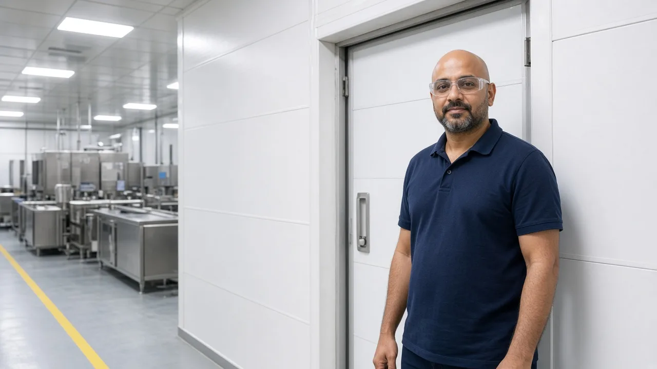 A worker beside a modular cold room in a food plant