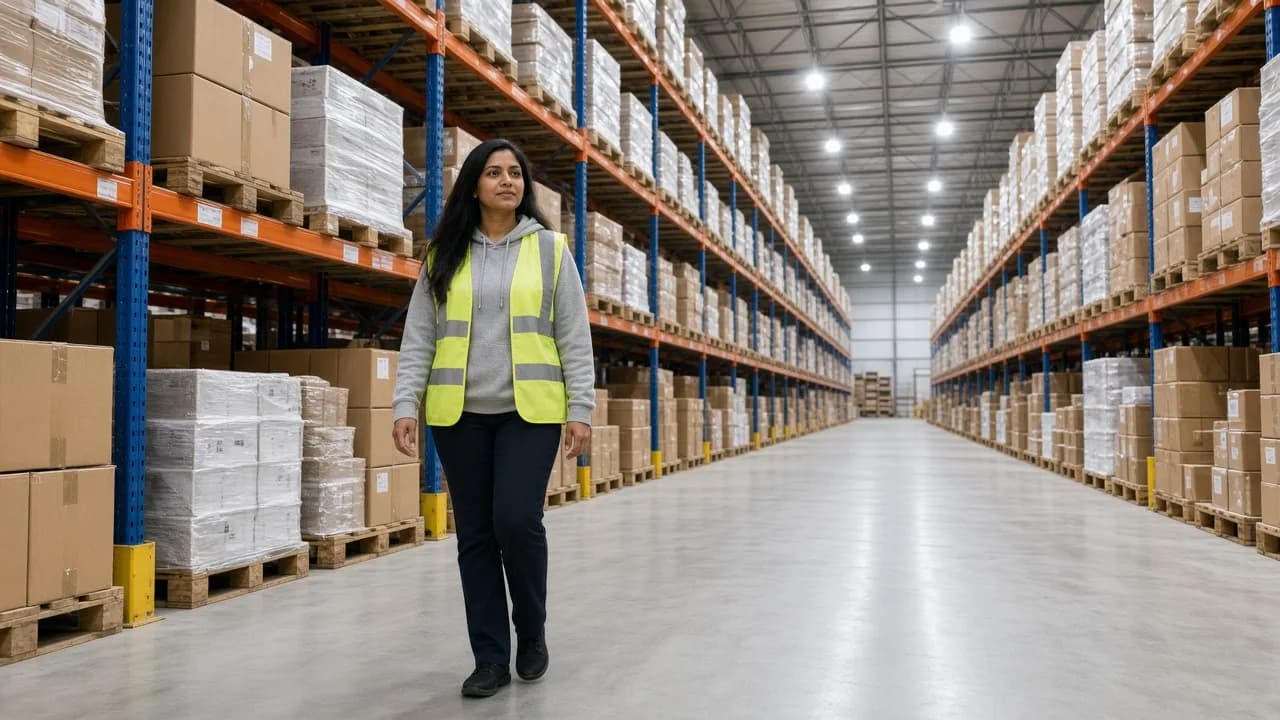 A worker walking a pallet aisle inside a large cold storage