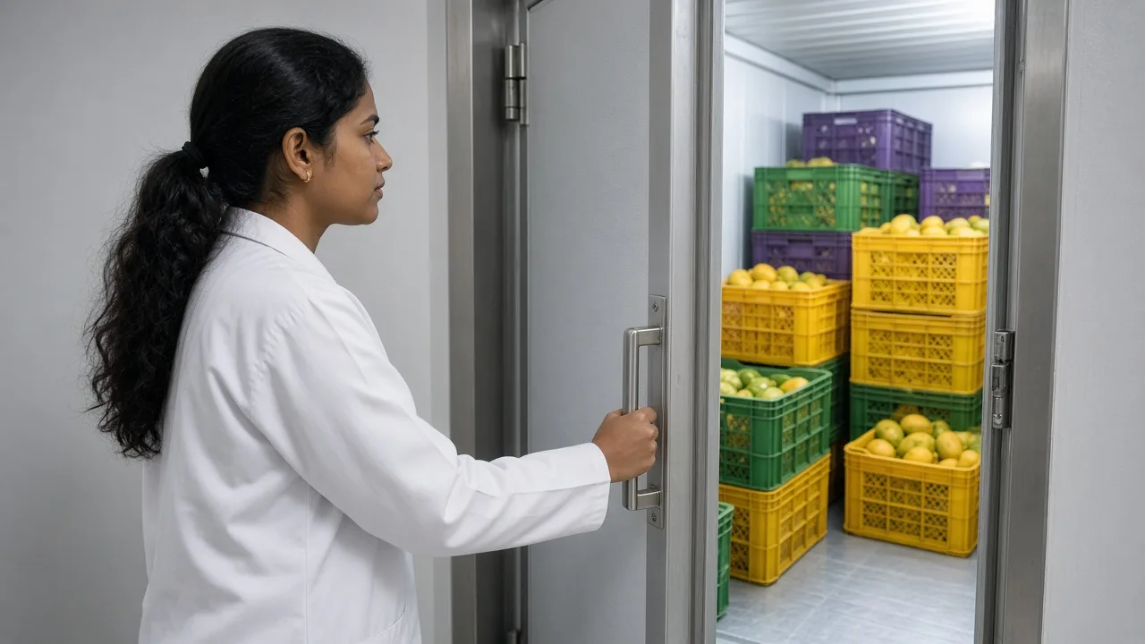A worker opening a walk in cold room stocked with fruit crates