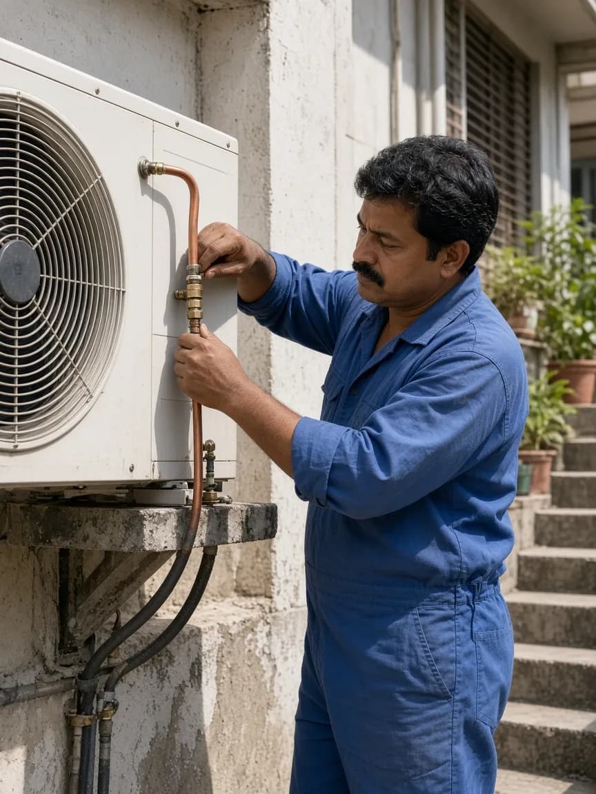 A technician installing copper lines on an outdoor condensing unit