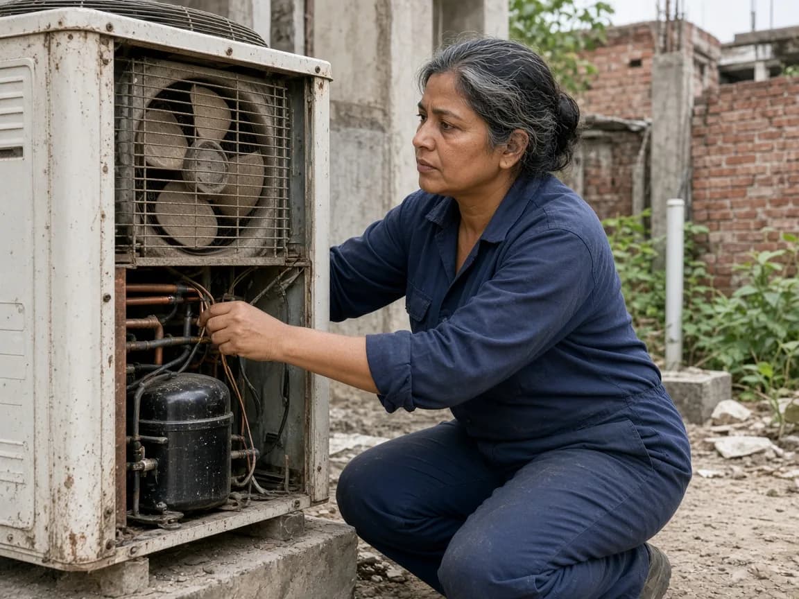 A technician assessing an older outdoor condensing unit