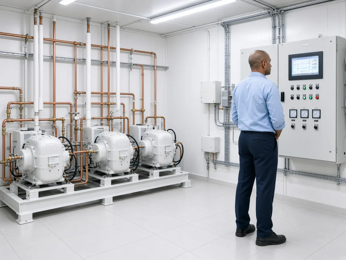 A newer refrigeration plant with compressors, piping, and a control panel