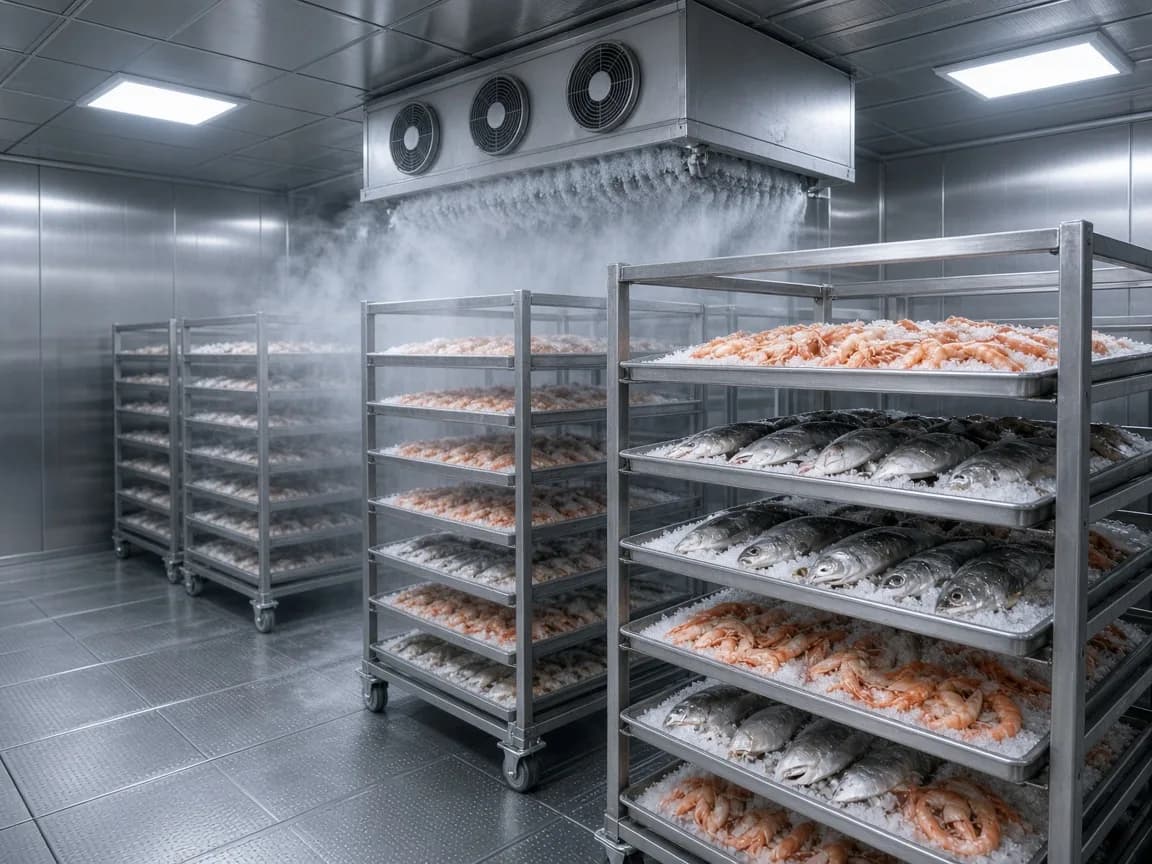 Trays of product inside an Indian blast freezer
