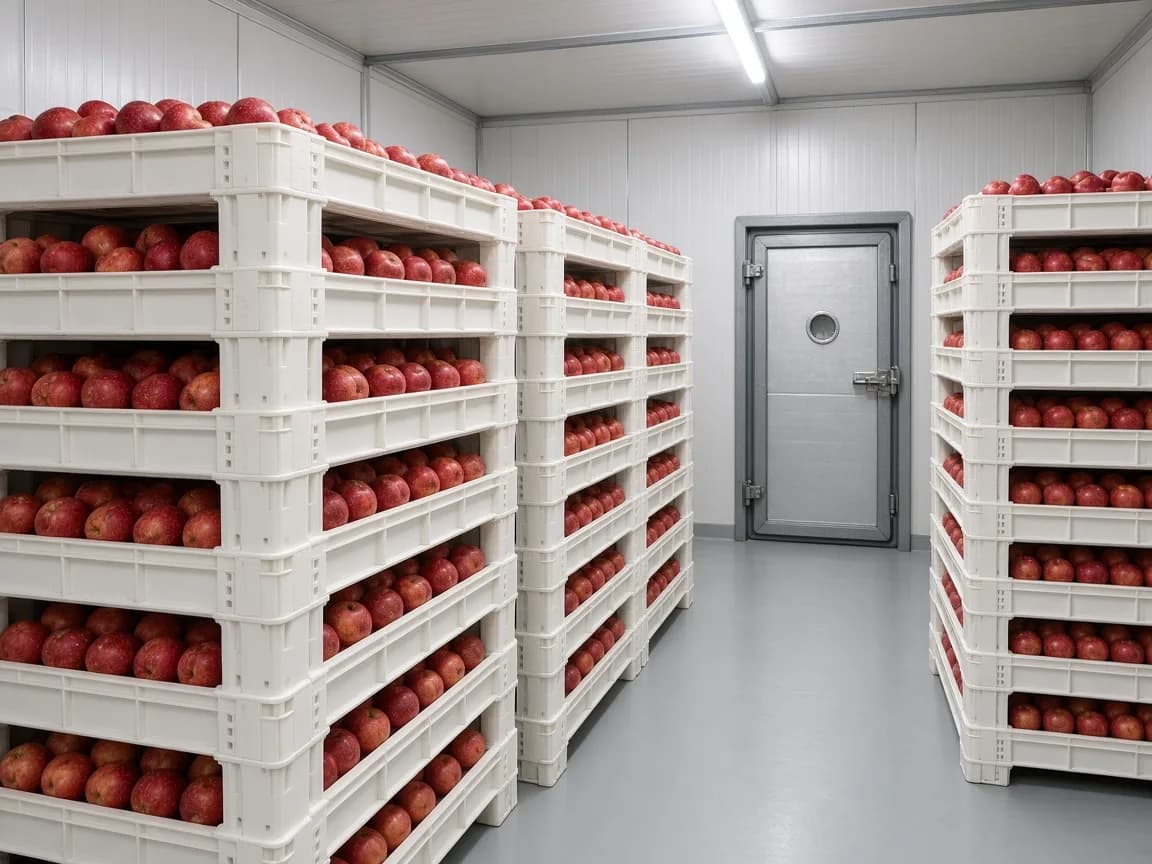 Apple bins inside a controlled atmosphere room in India