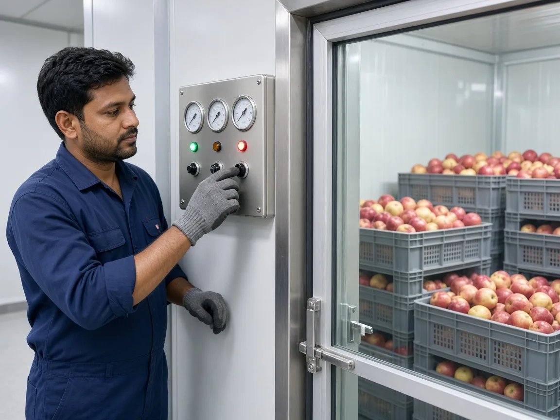 An Indian technician checking atmosphere controls beside a fruit store