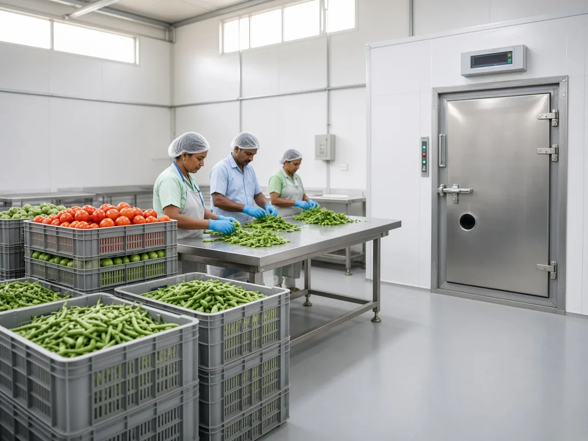 Vegetables prepared beside a controlled atmosphere room in India