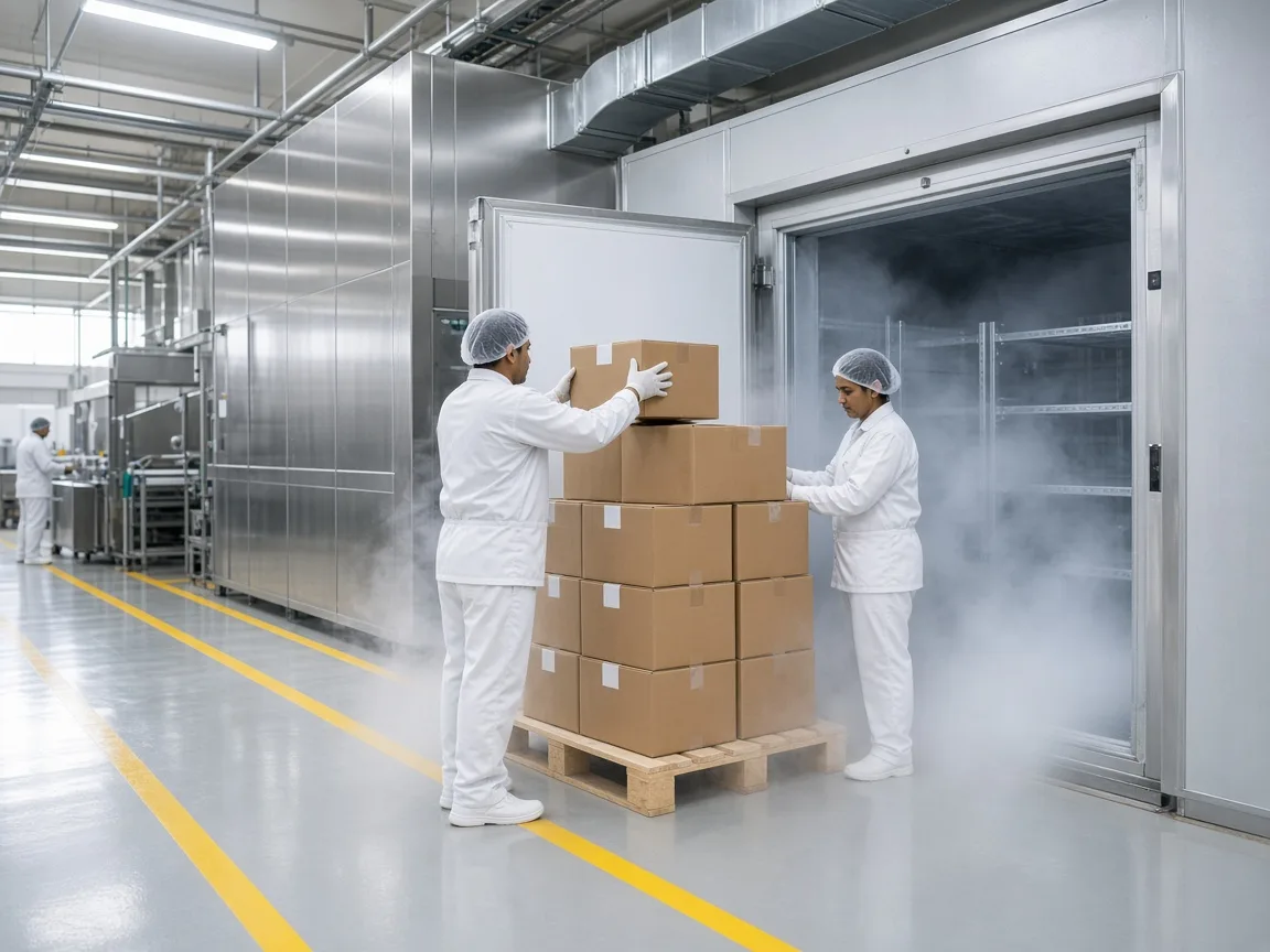 Cartons staged beside an Indian blast freezer