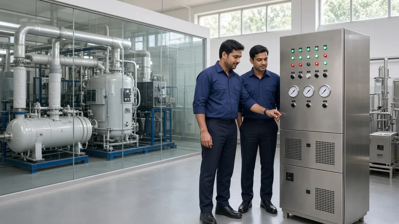 Indian engineers beside a refrigeration control cabinet in a plant room