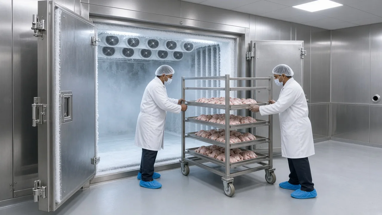 Indian operators loading a stainless trolley into a blast freezer