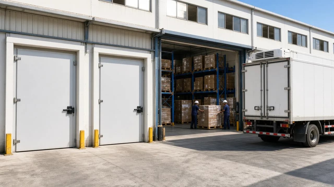 Indian cold chain warehouse with a refrigerated truck, cold room doors, and pallet storage