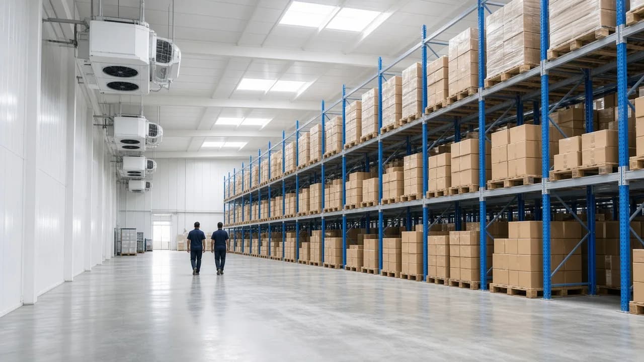 Bright Indian cold storage warehouse with evaporators and pallet racking