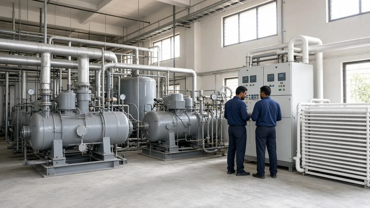 Industrial refrigeration plant room in India with compressors, piping, and engineers