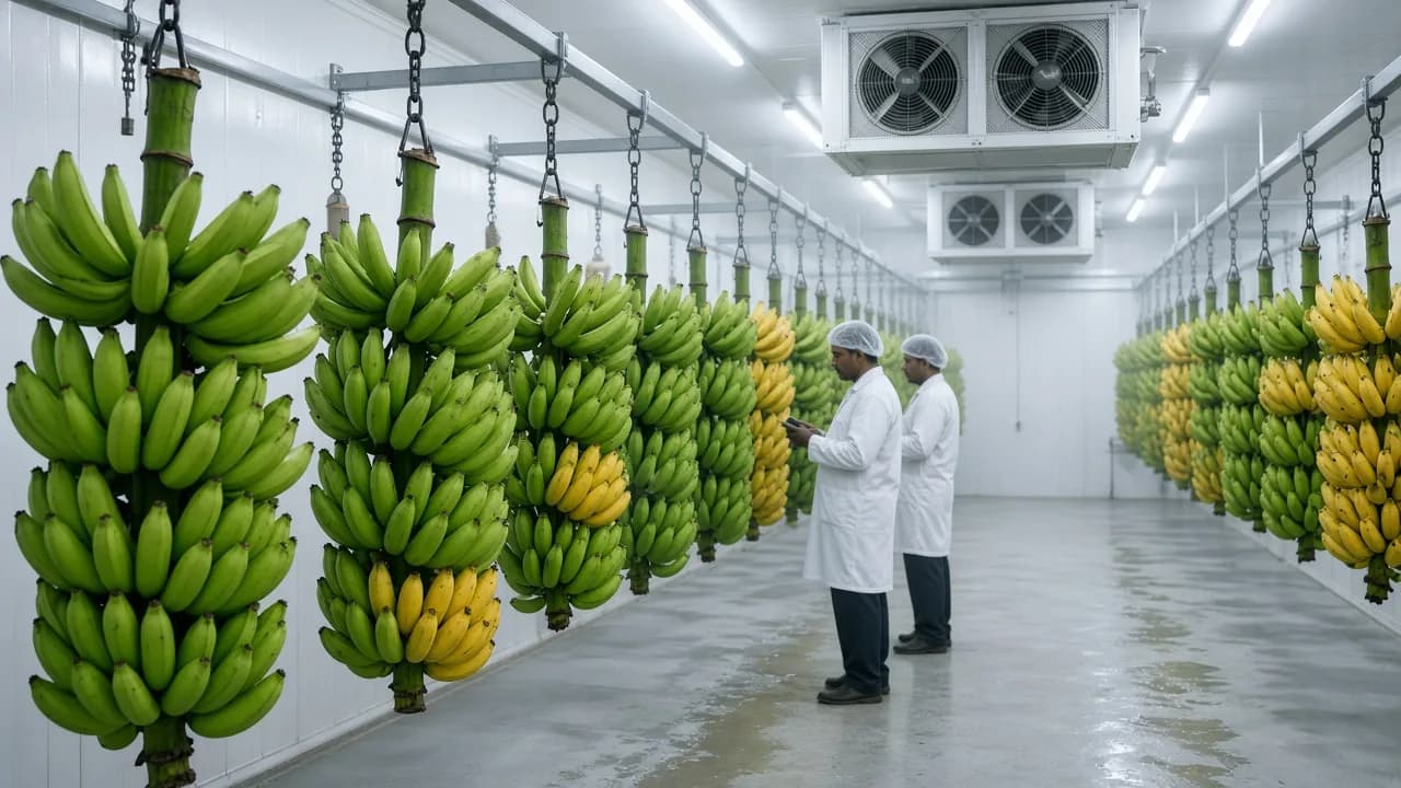 Banana ripening chamber in India with hanging fruit and operators